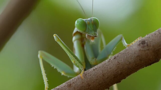 Closeup of mantis climbing branch in natural habitat