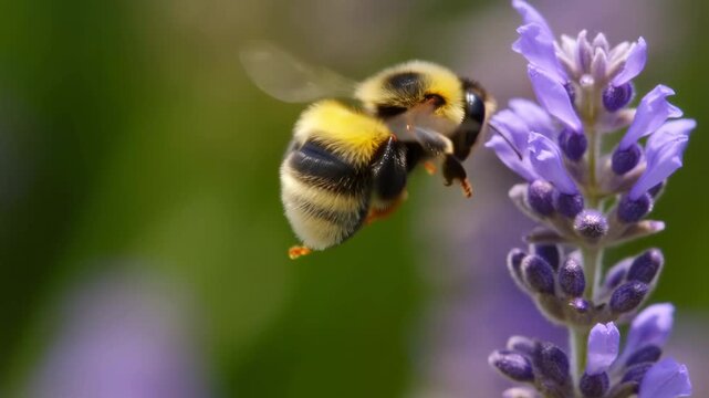 Bee gathering nectar from lavender flowers in blooming garden