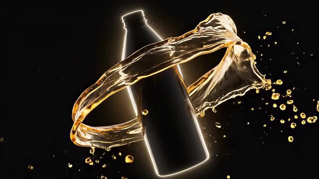 Blank black bottle product mockup with dynamic motion golden liquid oil splash and luxury cosmetic serum swirl on dark background