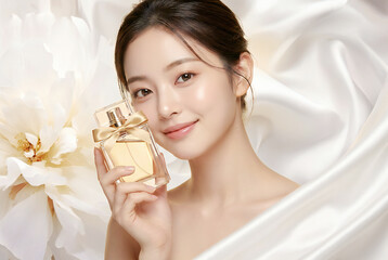 化粧品ボトルを手に持つ若い女性の美容ポートレート。ラグジュアリー広告イメージ