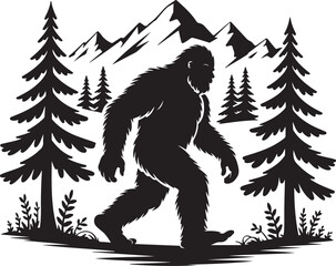 Fototapeta premium A black silhouette of Bigfoot walking in a forest