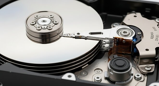 Close-up of a hard disk drive showing internal components.