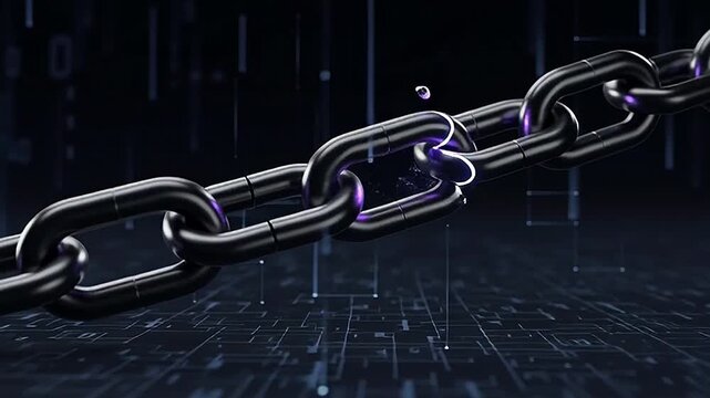 Digital security concept, unbreakable chain links in a futuristic network, representing data integrity and blockchain technology