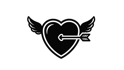 Black and white illustration of a heart with wings and an arrow through it, symbolizing love and passion.