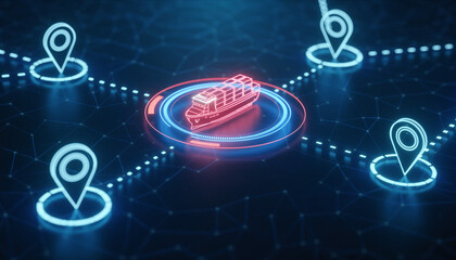 Navigating the Digital Sea: A vibrant, neon-lit illustration showcasing a container ship at the heart of a global network, with location markers representing tracking and logistics.