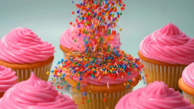 Colorful sprinkles falling on pink frosted cupcakes in motion