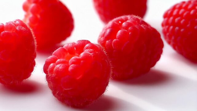 Fresh raspberries rolling and settling on a glossy white surface