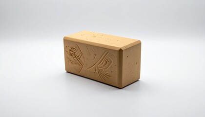 Engraved Light Wooden Block with Stylized Patterns on White Background