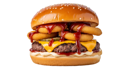 Juicy Burger with Onion Rings and Cheese.