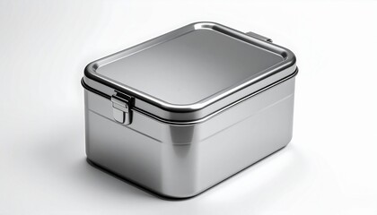 Stainless Steel Rectangular Food Container with Secure Lid and Side Latch on Neutral Background