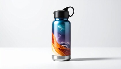 Black Metal Water Bottle with Screw-On Cap and Carabiner Clip on White Surface Against Light Gray Background