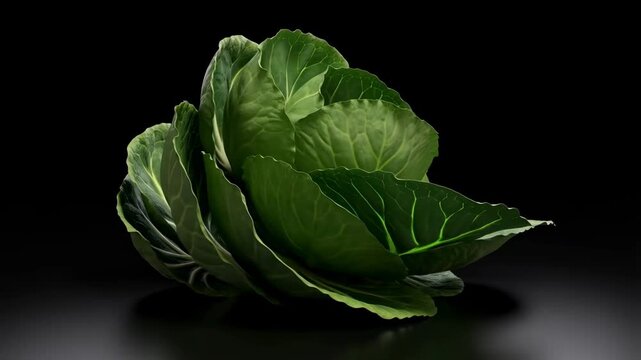 Fresh green cabbage leaves unfurling against dark background in detailed transition