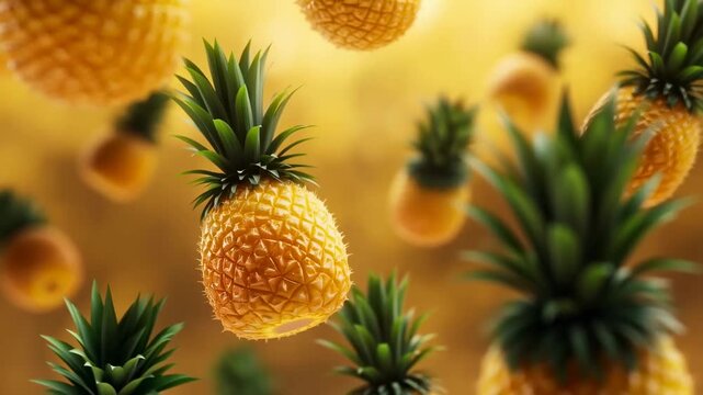 Floating pineapples in motion against a warm golden background