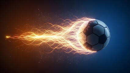 Abstract view of a soccer ball traveling like a golden comet with glowing trail in dark space.