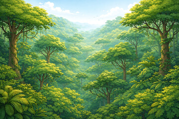 A dense and vibrant cartoon rainforest scene