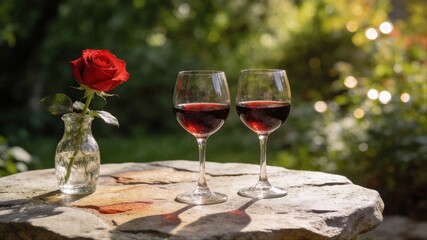 Two glasses of red wine and a single red rose in a vase rest on a stone table in a sun dappled outdoor garden.