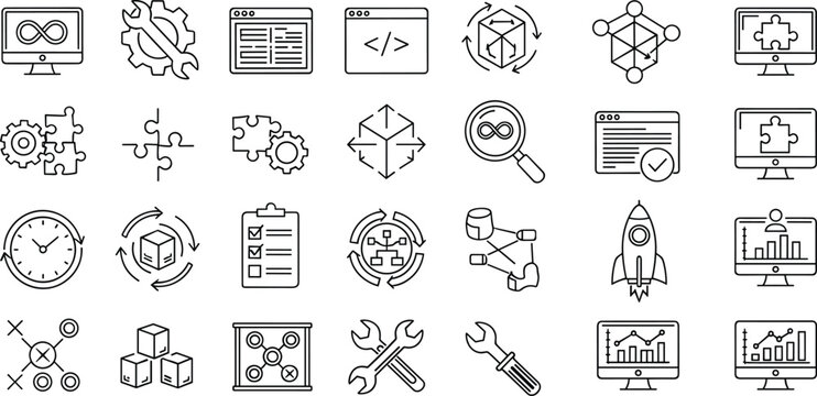 Complete software development and DevOps line icons featuring infinity loops system coding project management puzzle integration and data optimization symbols