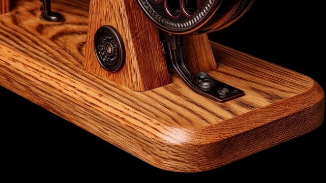 Detailed view of an ash wood sewing machine base emphasizing smooth texture and robust build ensuring steady fabric handling.
