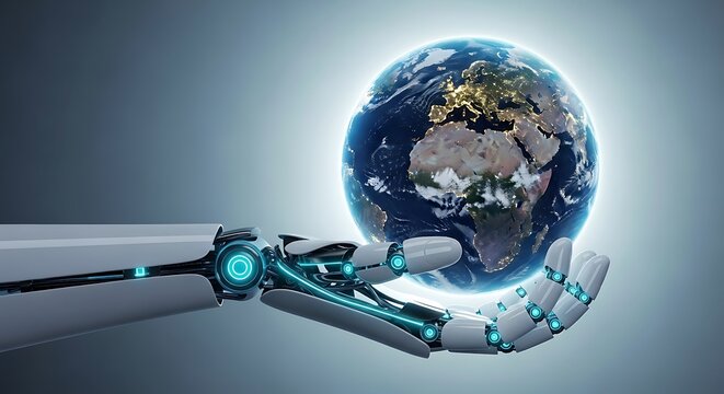 A detailed white robotic hand with cyan light accents cradles a realistic globe of Earth at night, symbolizing the role of artificial intelligence in global management - Powered by Adobe