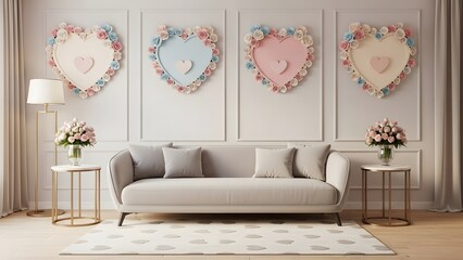 Elegant living room with heart shaped mirrors and gray couch