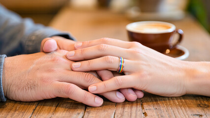 A romantic close-up showing a man and a woman's hands intertwined on a rustic wooden table in a cafe. A cup of latte coffee is in the blurred background. The woman is wearing a colorful rainbow ring. 