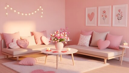 Cozy pink living room with furniture and decor