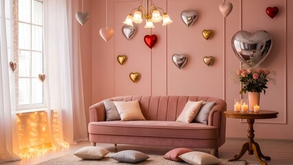 Cozy pink room with heart decorations and soft lighting