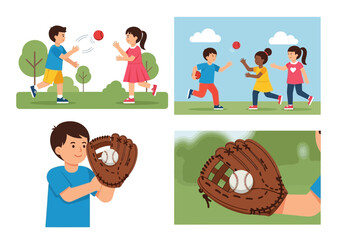 Children playing catch and a close-up of a baseball glove.