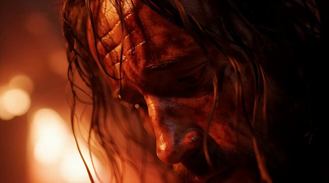 A hyperrealistic CGI close-up of a bloodied warrior's face, overcome with grief and despair in the warm glow of firelight