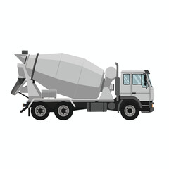 A side view of a gray cement mixer truck, flat design, white background