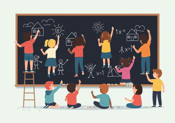 Children drawing on a blackboard with chalk, learning and playing.