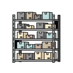 Cartoon illustration of a multi-level storage rack filled with various sized boxes