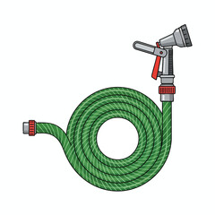 A green garden hose coiled, with a spray nozzle. White background