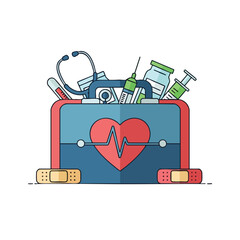Cartoon image depicts a medical kit with various tools and supplies