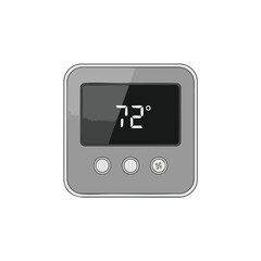 A digital thermostat displaying 72 degrees, with three buttons, and a fan symbol