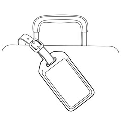 A black and white illustration of a suitcase with a tilted luggage tag
