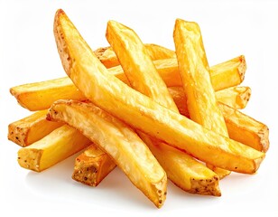 Golden, crispy potato fries pile on white background