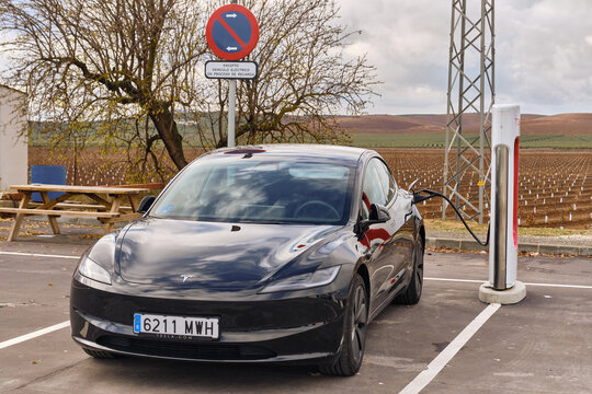 Tesla Model 3 Charging At Repsol Gas Station Supercharger In Southern Spain Electric Vehicle Charging Infrastructure And Sustainable Transportation