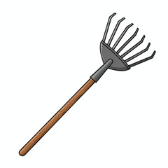 A cartoon rake angled upward, with a wooden handle, and a metal head