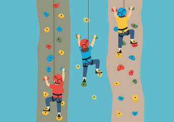 Three people climbing artificial rock walls with colorful holds.