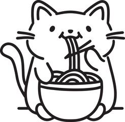 Cartoon cat slurping noodles from a bowl in a bold line art illustration, front view, black outlines on white background, playful mood
