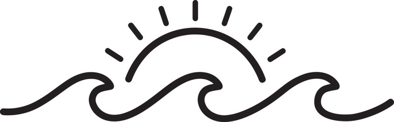 Minimalist black line art icon of a sun rising over stylized waves with radiating rays, clean vector illustration for nature and coastal design