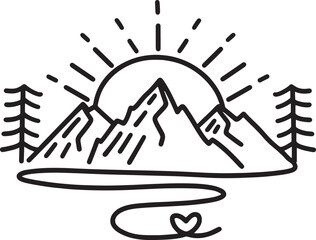 Minimalist line-art landscape: sun rising behind jagged mountains, winding river in foreground, pine trees on sides, heart-shaped loop near shore