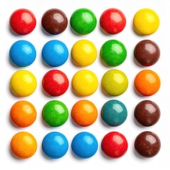 Colorful, round, candy-coated treats arranged in a square grid on white