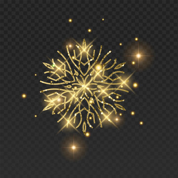 Ornate golden vector snowflake with a luxurious glitter texture and elegant filigree patterns. This detailed winter crystal is decorated with glowing sparks, bright lens flares, and magical golden dus