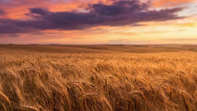 A vast field of golden wheat sways gently in the breeze beneath a breathtaking sunset sky, evoking feelings of serenity and abundance.