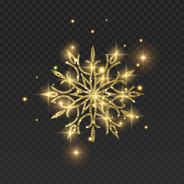 Ornate golden vector snowflake with a luxurious glitter texture and elegant filigree patterns. This detailed winter crystal is decorated with glowing sparks, bright lens flares, and magical golden dus