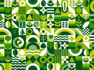 Geometric green pattern with various shapes and botanical elements