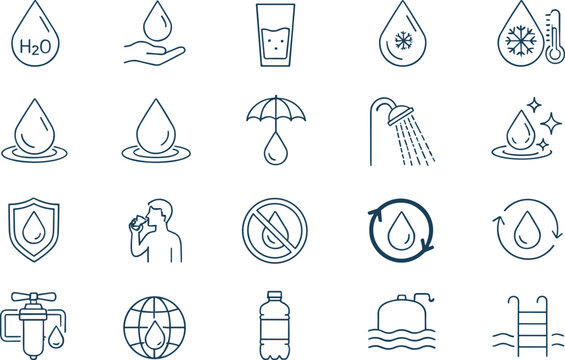 Complete water resource and hydration line icon set featuring filtration systems clean drinking water mineral drops showering and global water conservation symbols