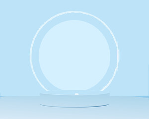 Minimalist white ring presentation stage with soft blue background illumination